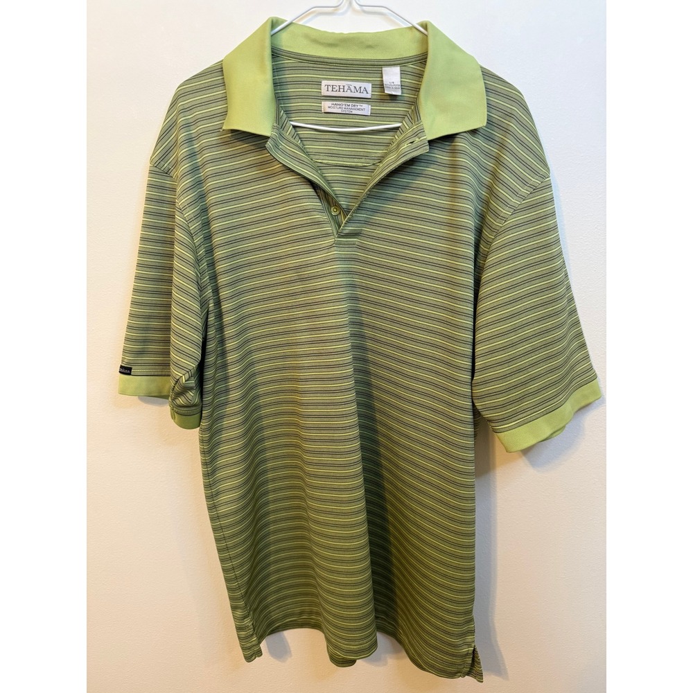 Tehama Polo Shirt Mens Large Green Excellent Striped Short Sleeve Golf Top